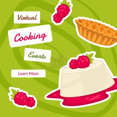 Cooking events and classes, virtual online lessons and courses for learning to make desserts, cakes and tarts with jam. Promo banner, advertisement or food presentation. Vector in flat style