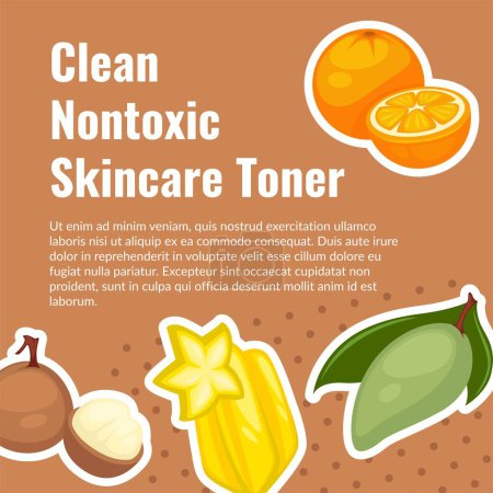 Fruity ingredients for clean nontoxic skincare toner for beauty and healthy look. Cosmetics and cosmetology. Promo banner, advertisement or food presentation carambola and orange. Vector in flat style