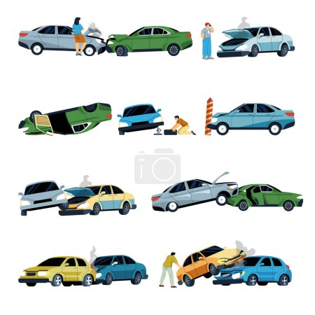 Eine Sammlung von Vektorillustrationen, die verschiedene Autounfälle darstellen, isoliert auf weiß, geeignet für Sicherheitsmaterialien.