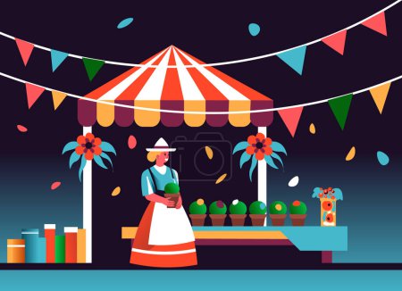 This vector artwork depicts a fairground stall set against a festive ambiance, complete with decorations and prizes.