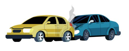 Ilustración vectorial que muestra una colisión frontal entre dos coches, aislados en blanco.