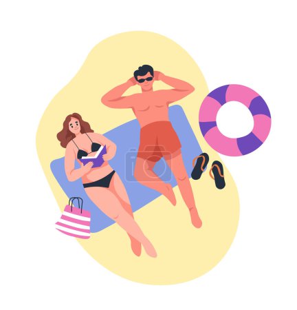 Flat-style vector illustration of people relaxing on a beach, isolated on white background, suitable for summer themed designs.