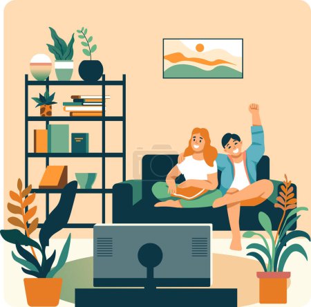 Illustration for Family enjoying movie night, heartwarming vector illustration, perfect for depicting quality time and home entertainment. - Royalty Free Image