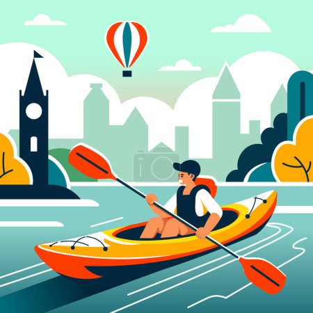 Active kayaking on urban waterways, vector illustration in flat design, showcasing recreational water sports in the city.