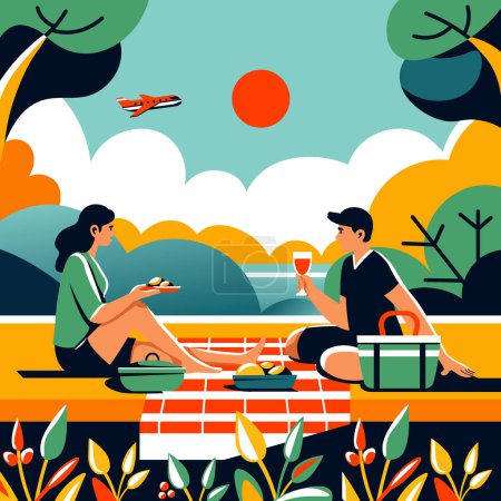 Couples picnic with sunset backdrop, vector illustration, flat design depicting romantic leisure and quality time together.
