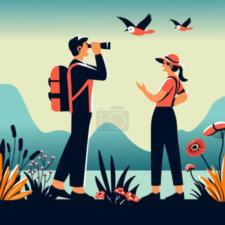 Couple enjoying birdwatching in nature, vector illustration, flat design capturing wildlife observation and leisure activity.