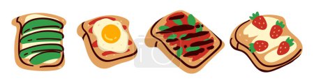 A vector selection of assorted topped toasts, deliciously detailed, isolated on white, ideal for food blogs.