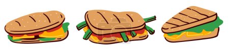 Trio de sandwichs deli, illustration vectorielle colorée, isolé sur blanc, parfait pour les menus et les applications alimentaires.
