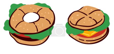 Vector set of quirky bagel sandwiches, isolated on white, playful for food blogs and culinary sites.