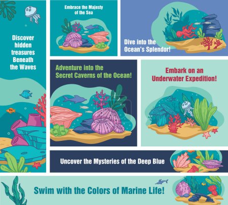 Illustration for A vibrant poster series of ocean life in vector format, excellent for educational and environmental use. - Royalty Free Image
