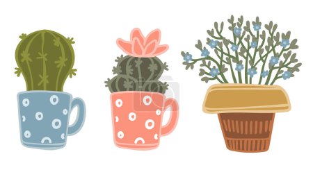 A cheerful vector collection of cacti and succulents in colorful pots, great for botanical and decor illustrations.