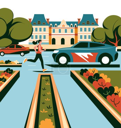 Flat vector illustration of an active person running in a sustainable city, emphasizing health and eco-friendly transport against an urban backdrop.
