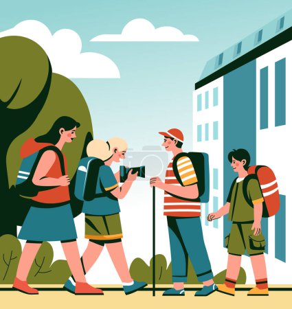 Una ilustración vectorial que retrata a un grupo de jóvenes estudiantes con mochilas explorando y fotografiando un entorno urbano, sugiriendo descubrimiento y educación.
