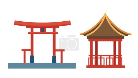 Téléchargez les illustrations : Illustration vectorielle des pavillons asiatiques, idéale pour les projets culturels et architecturaux. - en licence libre de droit