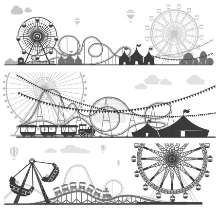A monochrome vector illustration of a full theme park adventure scene with roller coasters, Ferris wheel, and hot air balloons, set against a background of clouds.