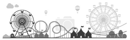 Une illustration vectorielle en noir et blanc d'une scène de carnaval avec des attractions amusantes, y compris une grande roue, des montagnes russes et des cabines de carnaval sous un bruant décoré.
