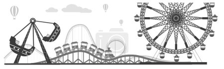 An outlined vector illustration of an amusement park with detailed attractions in the evening ambiance, including a grand Ferris wheel and roller coasters with a twilight sky.