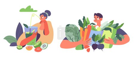 Vector illustration of people with healthy vegetables, isolated on white.