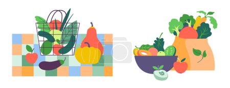 Vector illustration of assorted vegetables in shopping concepts, isolated on white.