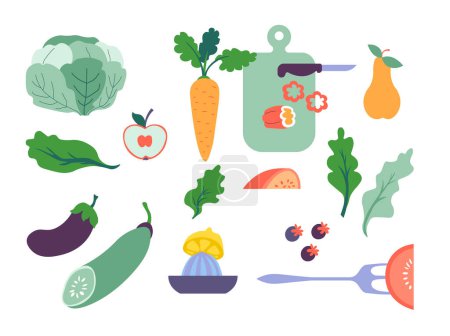 Vector illustration of fresh vegetables and kitchen utensils, isolated on white.