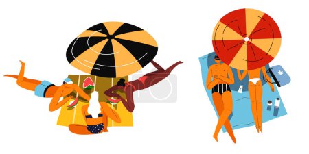 Téléchargez les illustrations : Illustration vectorielle de femmes se relaxant sous des parasols sur un bord de mer. - en licence libre de droit