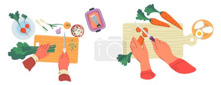 Vector illustration of hands cutting vegetables on a chopping board.