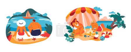 Vector illustration of diverse summer beach activities and relaxation