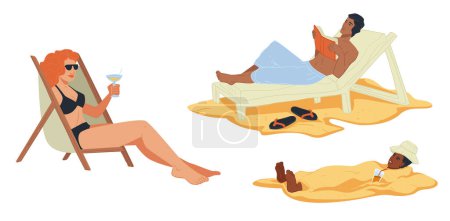 Vektor-Illustration von Menschen, die sich am Strand entspannen, moderner flacher Stil.