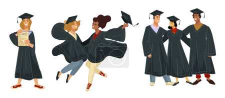 Vector illustration of graduation ceremony, cheerful students celebrating.
