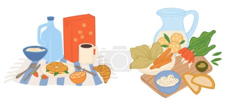 Cozy vector illustration of healthy breakfast spread, flat design style.