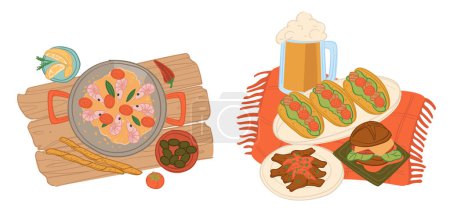 Vector art of a delicious seafood meal and sandwiches, vibrant colors.