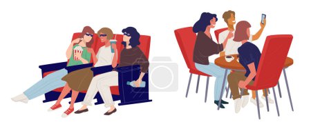 Téléchargez les illustrations : Vector illustration capturing social scenes at a cinema and cafe, flat design. - en licence libre de droit