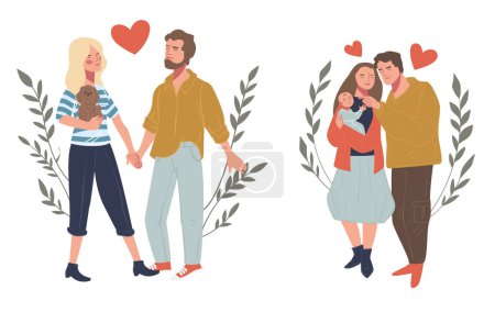 Heartfelt vector illustration of family with balloons and expressions of love, playful design.