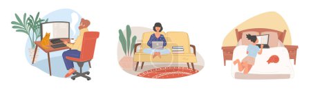 Relaxed home office settings, vector illustration with individuals working and enjoying downtime.