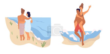 Couple profitant de vacances à la plage, illustration vectorielle isolée sur blanc.