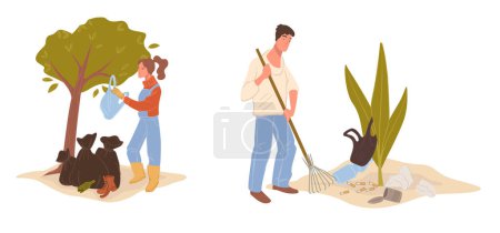 Illustration for Volunteers in environmental conservation actions, vector illustration isolated on white. - Royalty Free Image