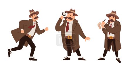 A set of classic detective characters in various poses, vector illustration.