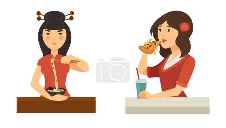 Illustration vectorielle de femmes mangeant de la restauration rapide, isolées sur du blanc.