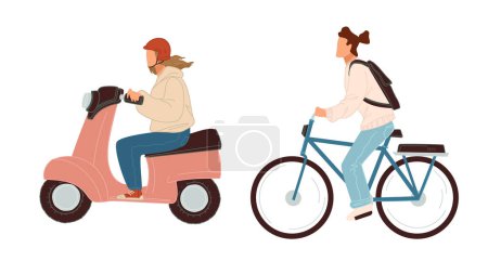 Illustration vectorielle des femmes sur scooter et vélo, isolées sur blanc.