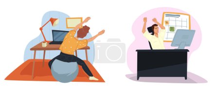 A cheerful vector illustration showing a person taking a stretching break while working from home, isolated on a white background.