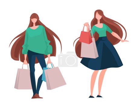 Ilustración vectorial de mujeres de moda con bolsas de compras, aisladas sobre un fondo blanco, perfectas para conceptos de retail.