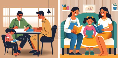 Delightful vector depiction of a cheerful family enjoying reading time together, in a cozy, well-decorated living room.