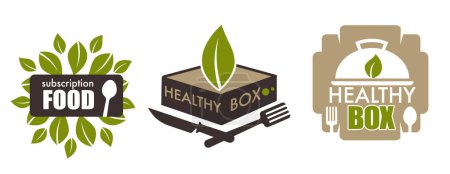 A trio of logos designed for subscription food services, emphasizing healthy eating with a clean, minimal design that uses natural green tones to attract health-conscious consumers.