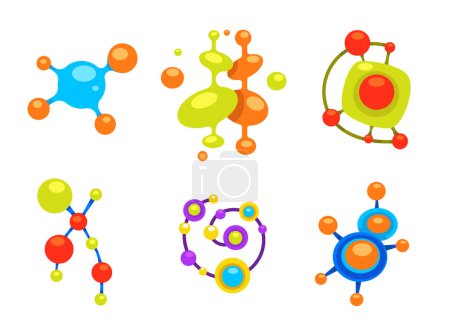 Ilustración de Logotipos vectoriales que representan estructuras moleculares vibrantes, ideales para negocios en ciencia o educación, mostrando un diseño brillante y colorido que atrae a una audiencia moderna. - Imagen libre de derechos