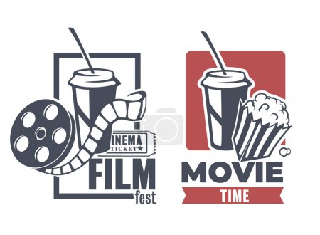 A playful set of movie-themed logos combining popcorn and drinks, designed in a vibrant red and black scheme, ideal for cinema promotions and snack bars.