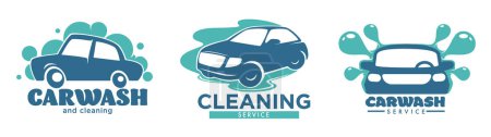 Creative vector logos for car wash services, incorporating fresh blue hues and dynamic design elements to represent cleanliness and care, suitable for business branding.