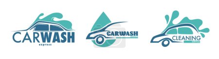 Creative vector logos for car wash services, incorporating fresh blue hues and dynamic design elements to represent cleanliness and care, suitable for business branding.