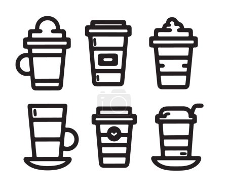 Ilustración vectorial de varias tazas de café estilizadas, cada una con diseños únicos, perfectas para gráficos de menú y materiales promocionales.