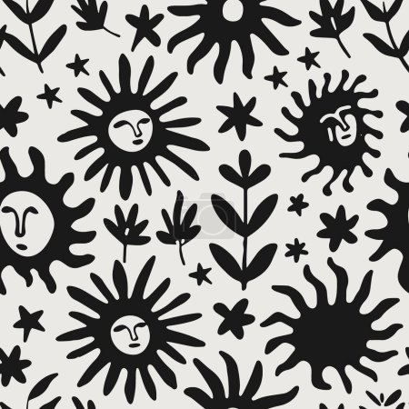 Cette illustration vectorielle représente un motif sans couture de divers éléments botaniques noirs isolés sur blanc, idéal pour le tissu et le papier peint.