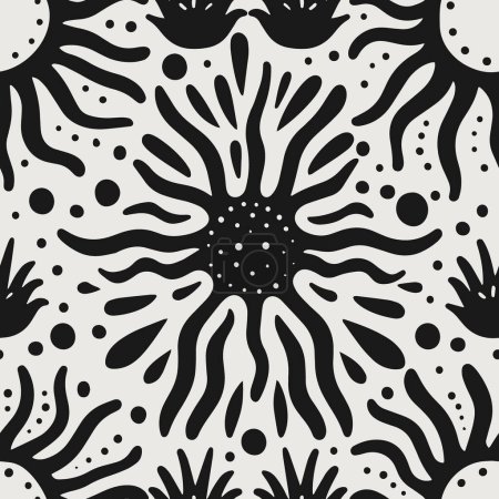 Vector illustration of decorative sun and plant motifs in a seamless black and white pattern, ideal for diverse creative projects.